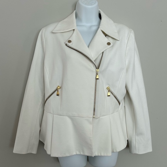 Chico’s Womens Cream Moto Jacket Size L Gold Zip Baddie Edgy Boss Lady - Picture 5 of 14